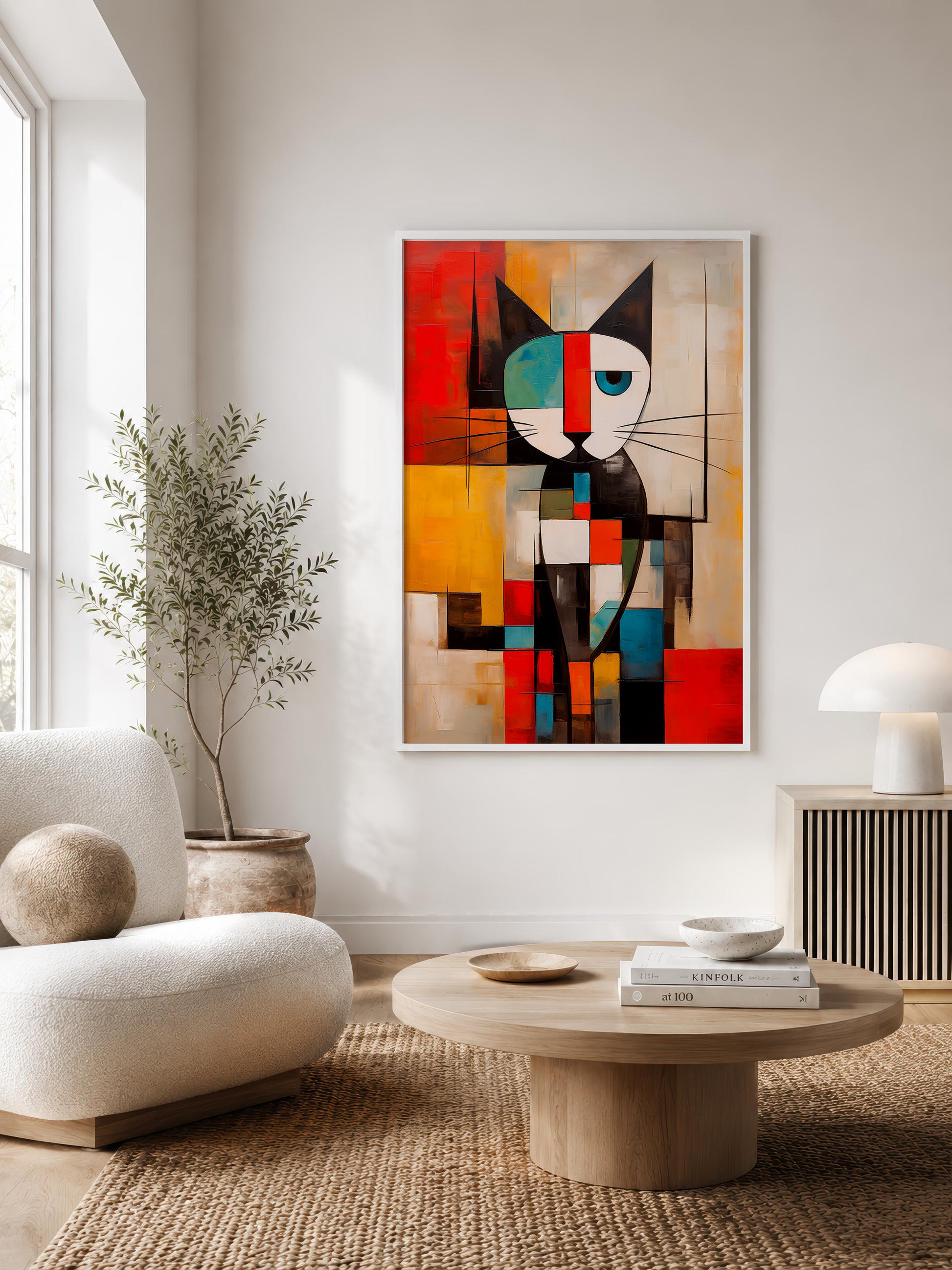 Mondrian cat print in a white wood frame ona white wall.