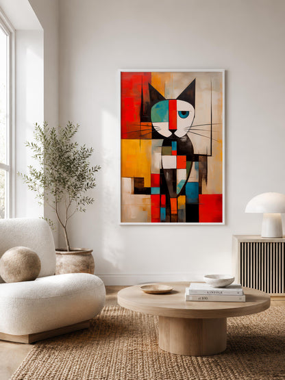 Mondrian cat print in a white wood frame ona white wall.