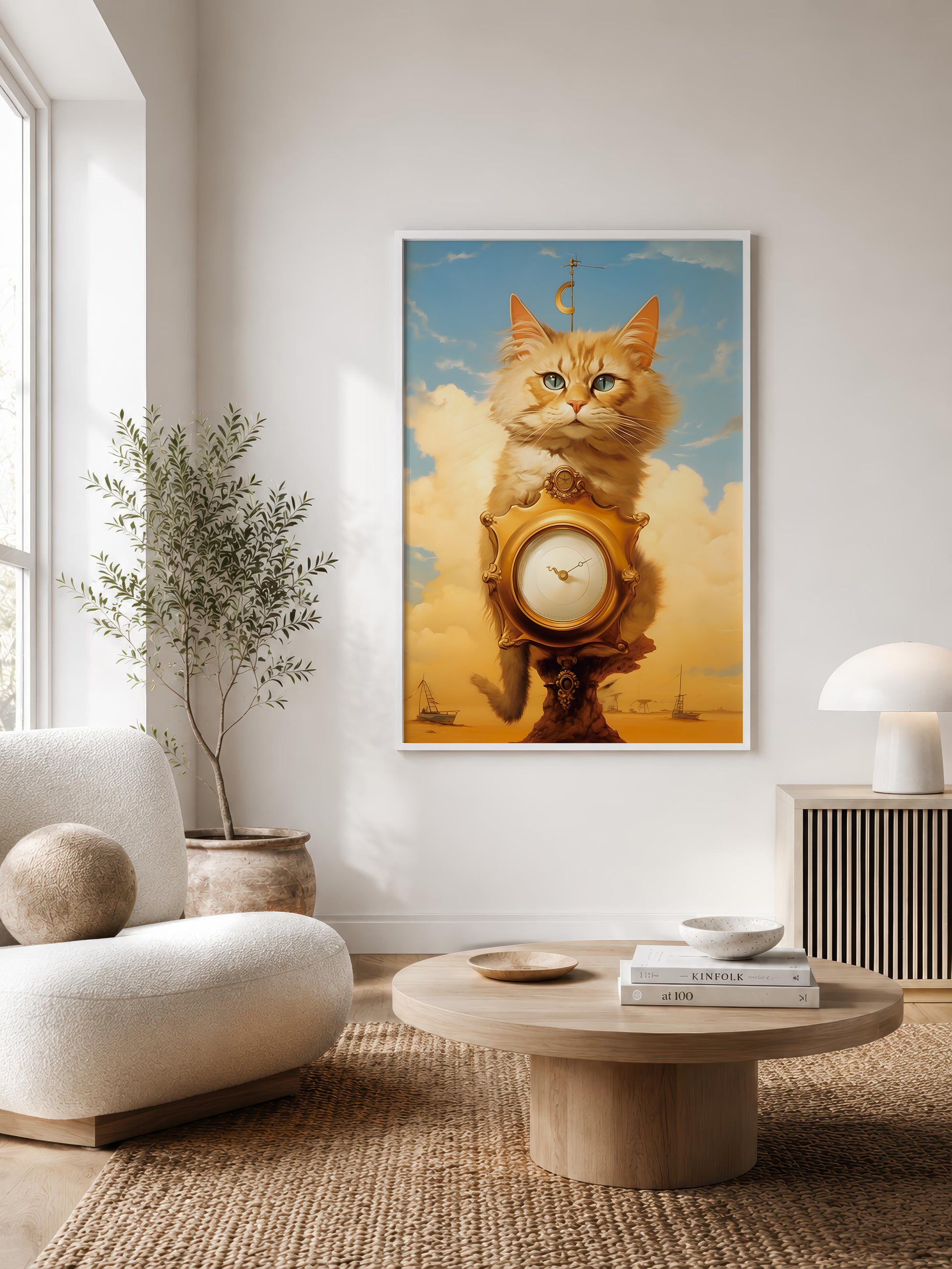 A framed art print depicting an orange tabby cat with green eyes holding a clock, hanging on a light gray wall in a modern, sunlit living room with a beige armchair, round coffee table, and potted plant.