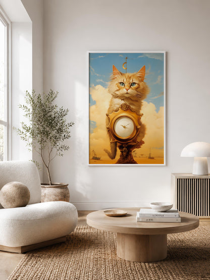 A framed art print depicting an orange tabby cat with green eyes holding a clock, hanging on a light gray wall in a modern, sunlit living room with a beige armchair, round coffee table, and potted plant.