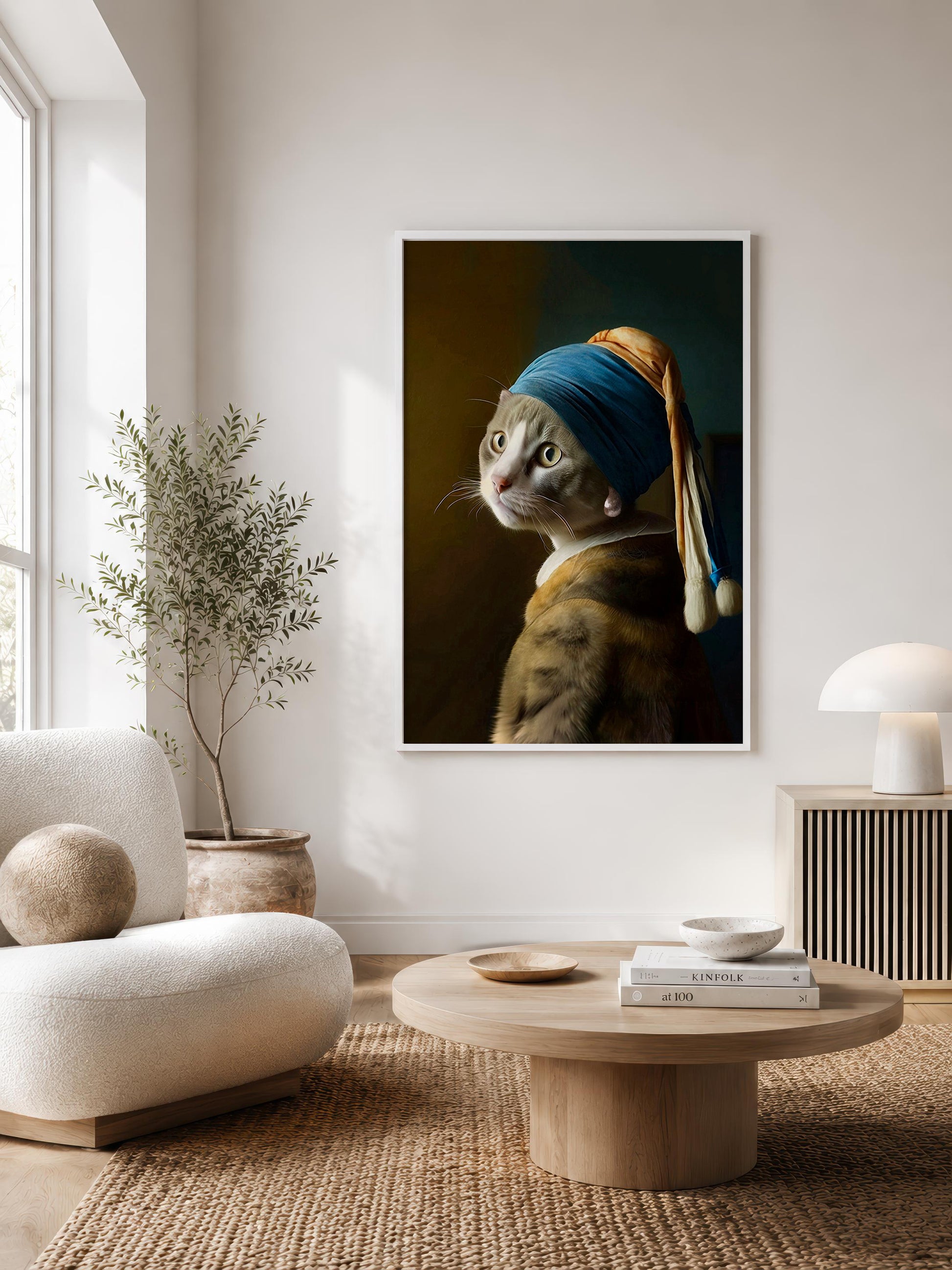 A framed wall art print featuring a cat styled like Vermeer's Girl with a Pearl Necklace, displayed in a bright, modern living room above a round wooden coffee table.