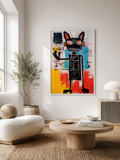 A framed abstract art print featuring a stylized black cat with orange eyes and colorful brushstrokes, displayed on a white wall in a modern living room setting.