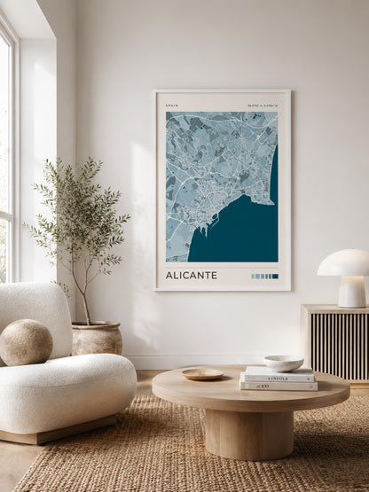 Impression Carte de la ville d'Alicante | Art mural de voyage en Espagne | Cadeau de pendaison de crémaillère et de voyage