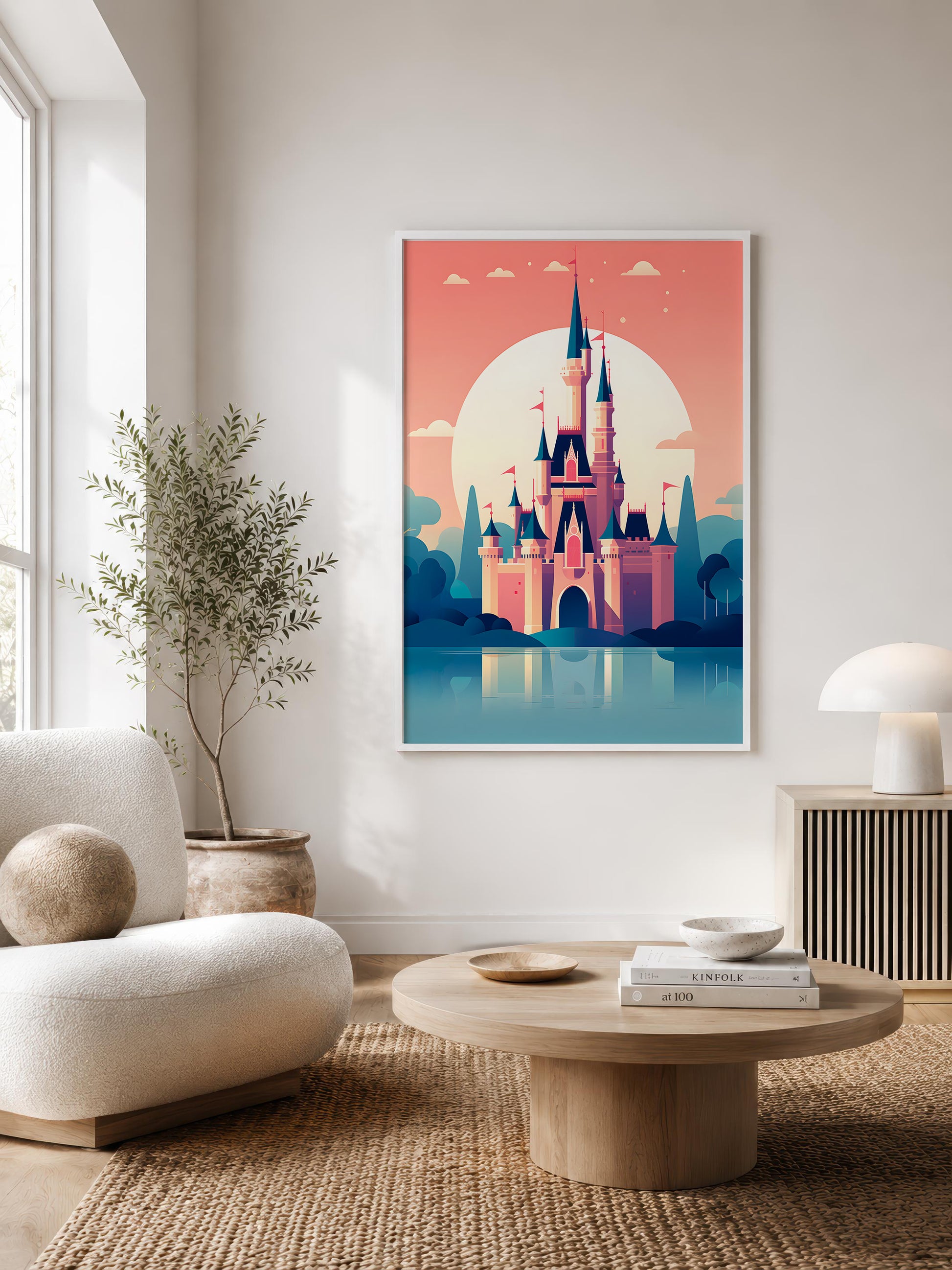 A vertical framed art print of a stylized pink and blue castle under a large sun, displayed on a white wall in a modern living room setting with a beige armchair, coffee table, and plant.