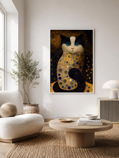 A framed vertical art print of a stylized cat in a gold, black, and white Art Nouveau design, displayed on a white wall in a modern living room setting.