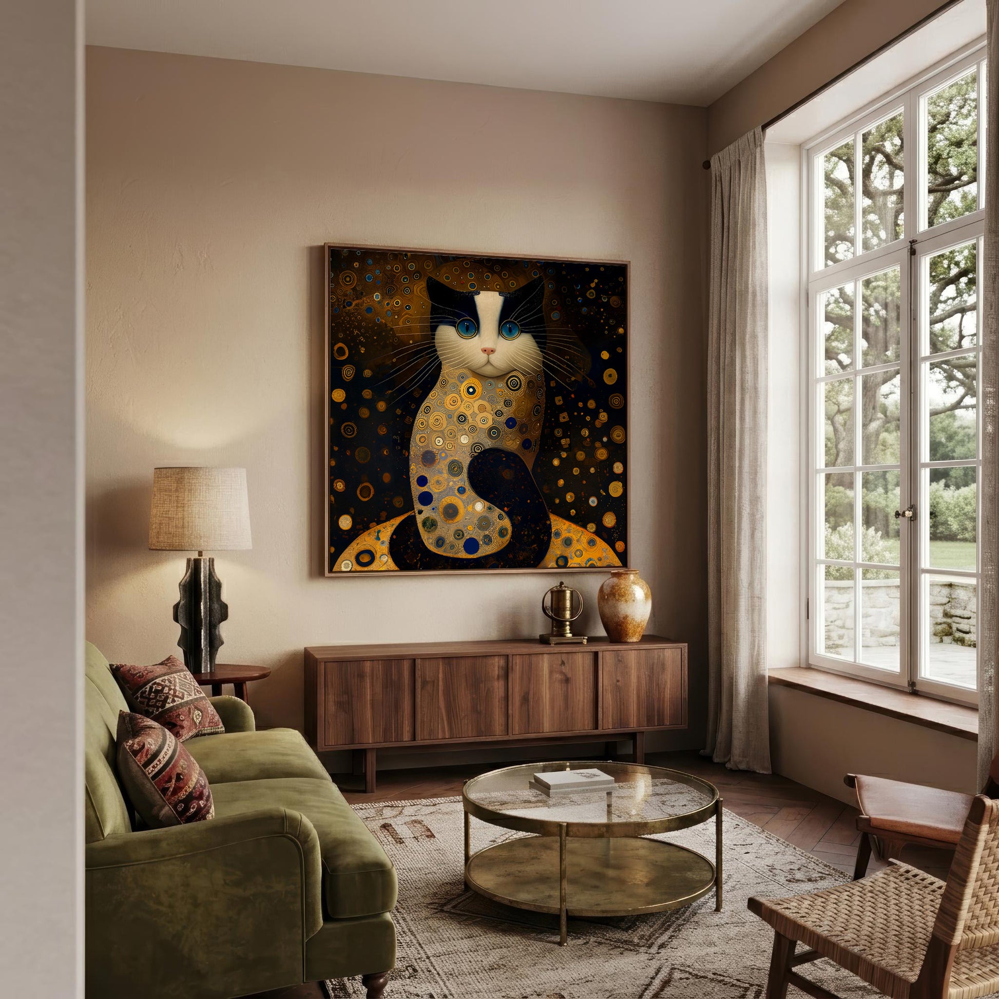 A large framed canvas art print featuring a stylized black and white cat with gold spots, displayed on a beige wall in a modern living room setting with a green sofa, wooden console, and large window.