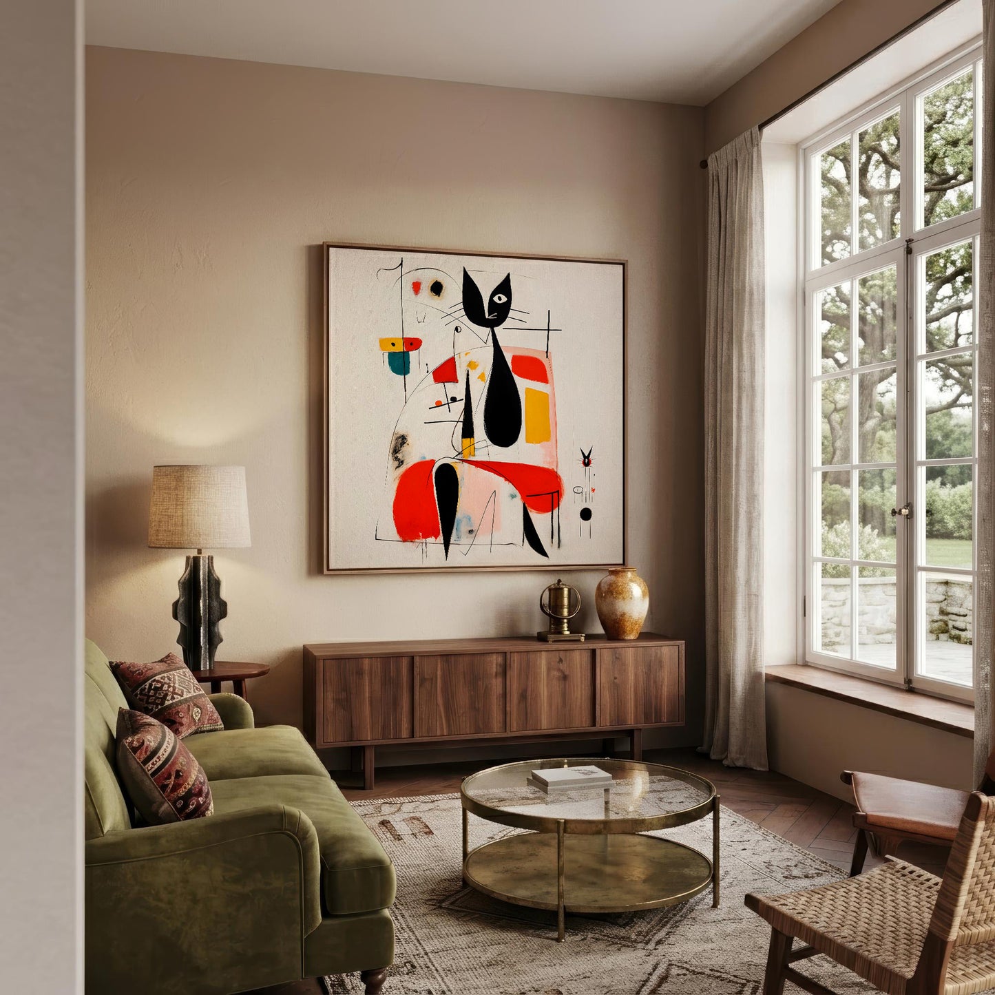 A framed abstract art print featuring a black cat and colorful geometric shapes, displayed on a beige wall in a styled living room with a green sofa, wooden console, and large window.