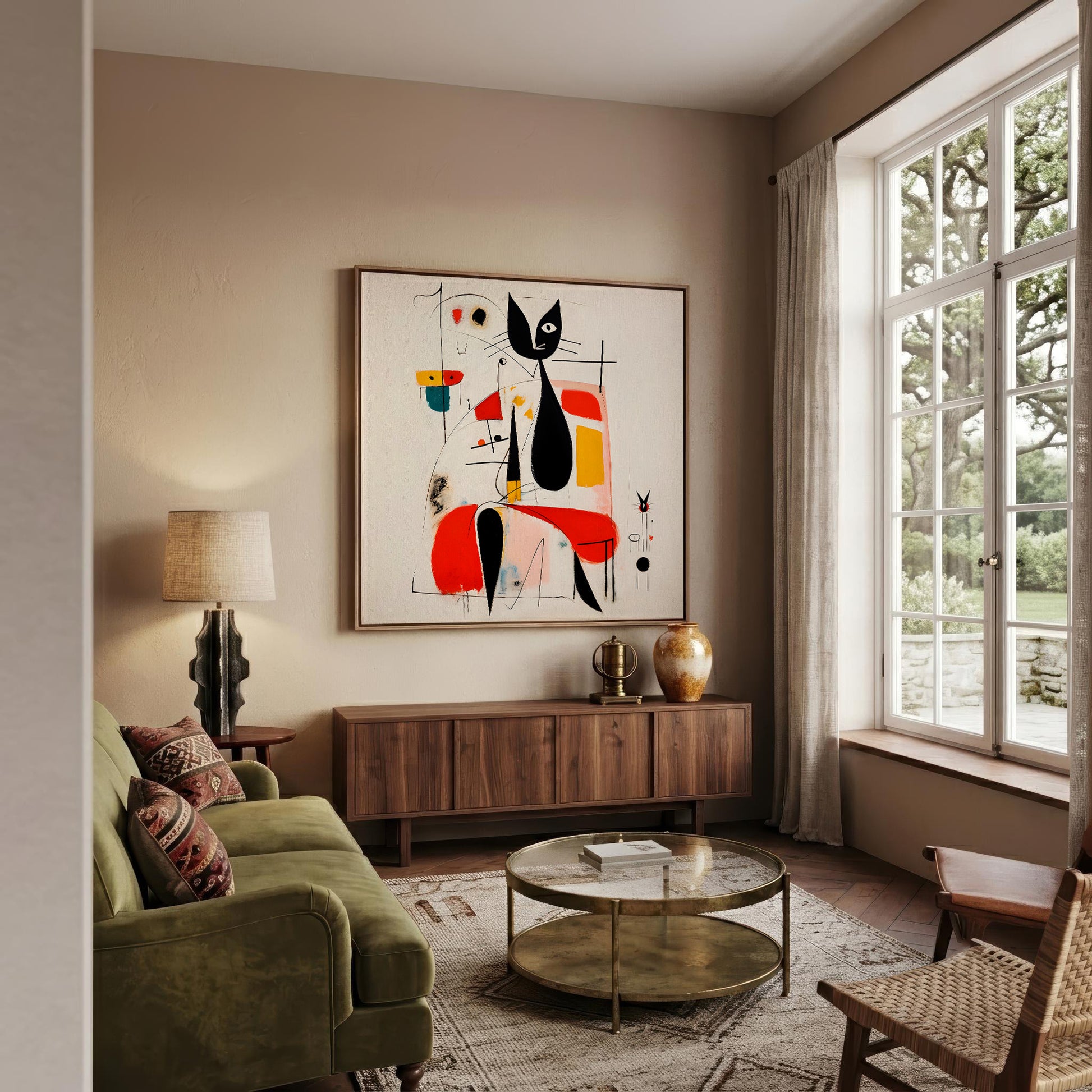 A framed abstract art print featuring a black cat and colorful geometric shapes, displayed on a beige wall in a styled living room with a green sofa, wooden console, and large window.