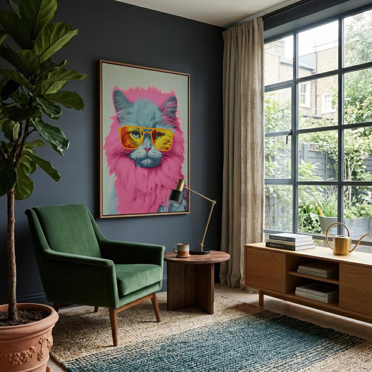 A framed art print of a colorful cat wearing pink fur and yellow sunglasses, displayed on a dark gray wall in a modern living room setting with a green armchair, wooden console, and large window.