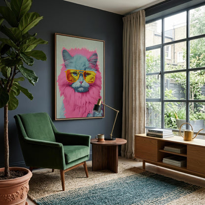 A framed art print of a colorful cat wearing pink fur and yellow sunglasses, displayed on a dark gray wall in a modern living room setting with a green armchair, wooden console, and large window.