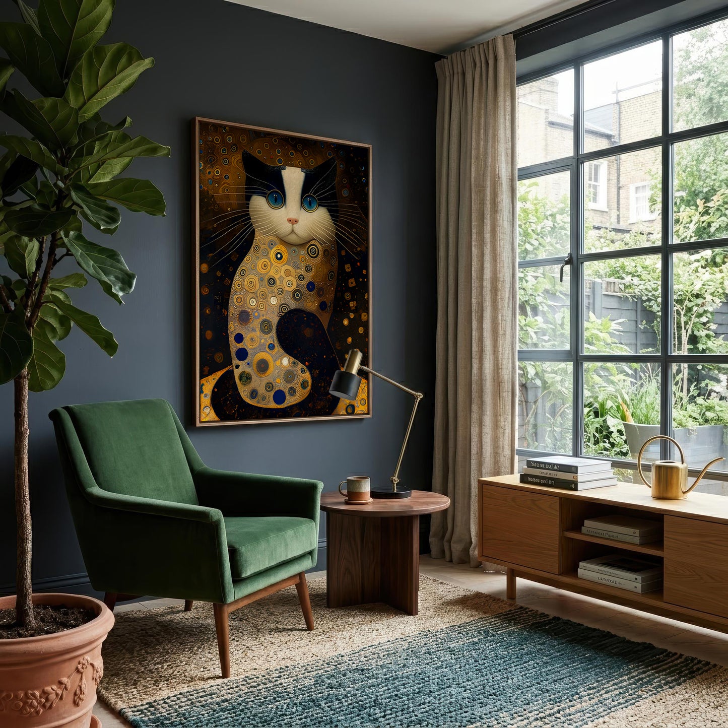 A framed art print of a stylized cat with gold and black patterns hangs on a dark blue-gray wall in a modern living room setting with a green armchair, a potted plant, and a window.