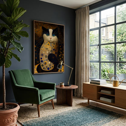 A framed art print of a stylized cat with gold and black patterns hangs on a dark blue-gray wall in a modern living room setting with a green armchair, a potted plant, and a window.