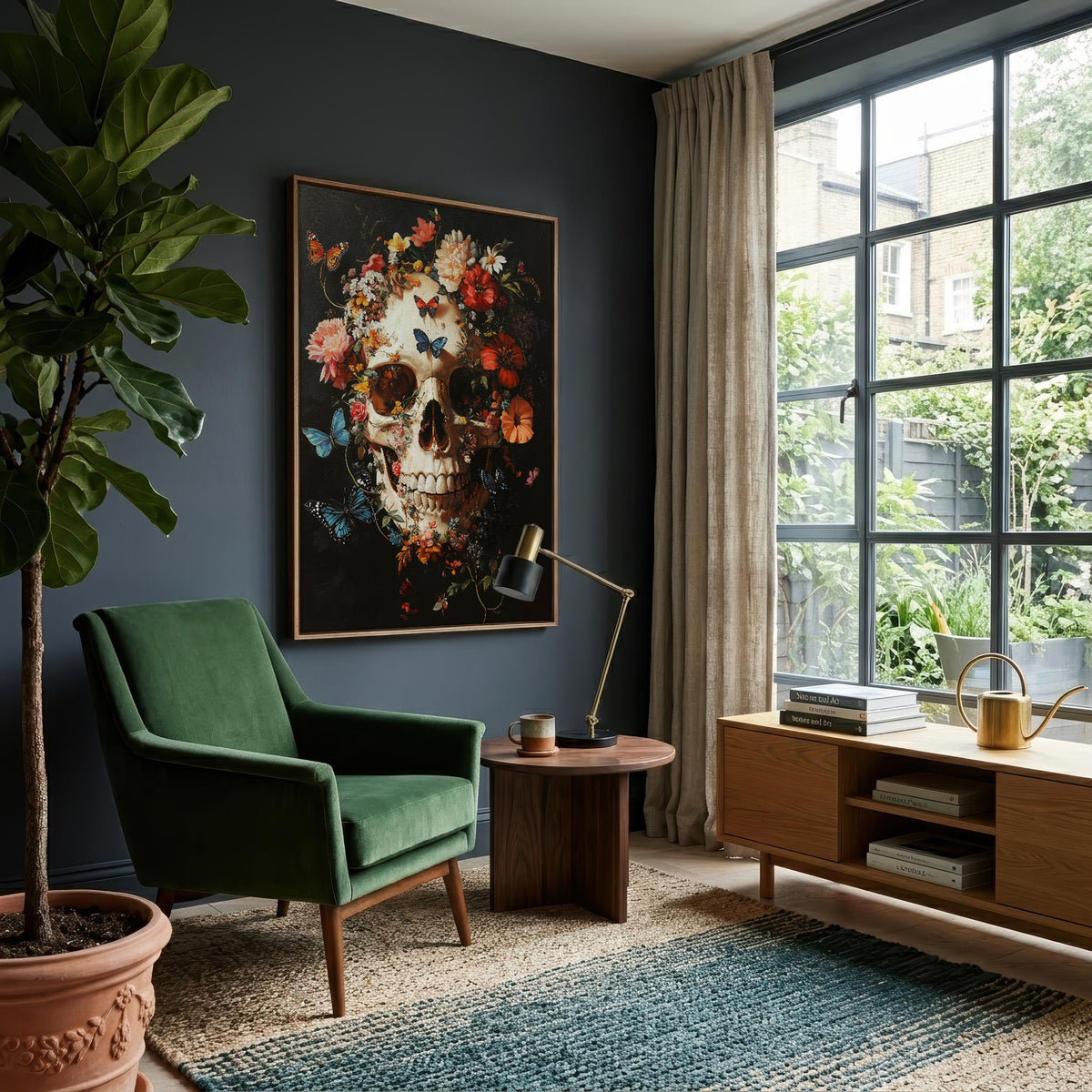 A framed wall art print featuring a floral skull portrait hangs on a dark blue-gray wall in a styled living room with a green armchair, wooden side table, lamp, rug, and large window.