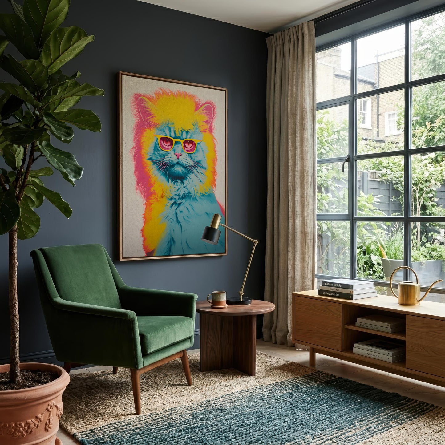 Colorful cat artwork on a wall in a room with a wooden sideboard and lamp.