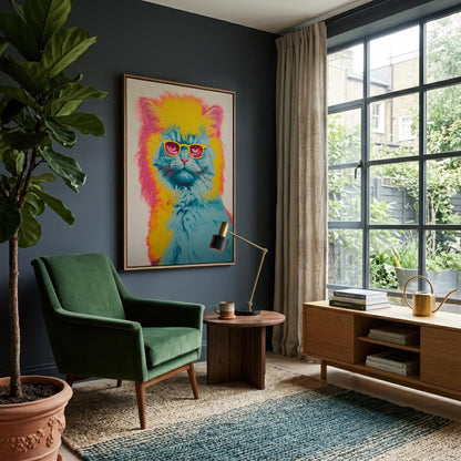 Colorful cat artwork on a wall in a room with a wooden sideboard and lamp.