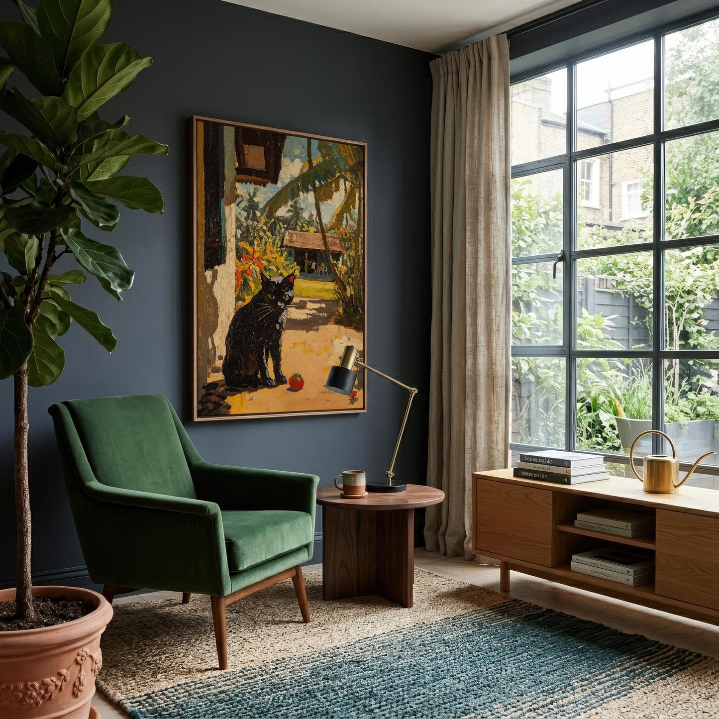 A framed art print depicting a black cat in a garden, displayed on a dark blue wall in a modern living room setting with a green armchair, a wooden side table, and a large window.