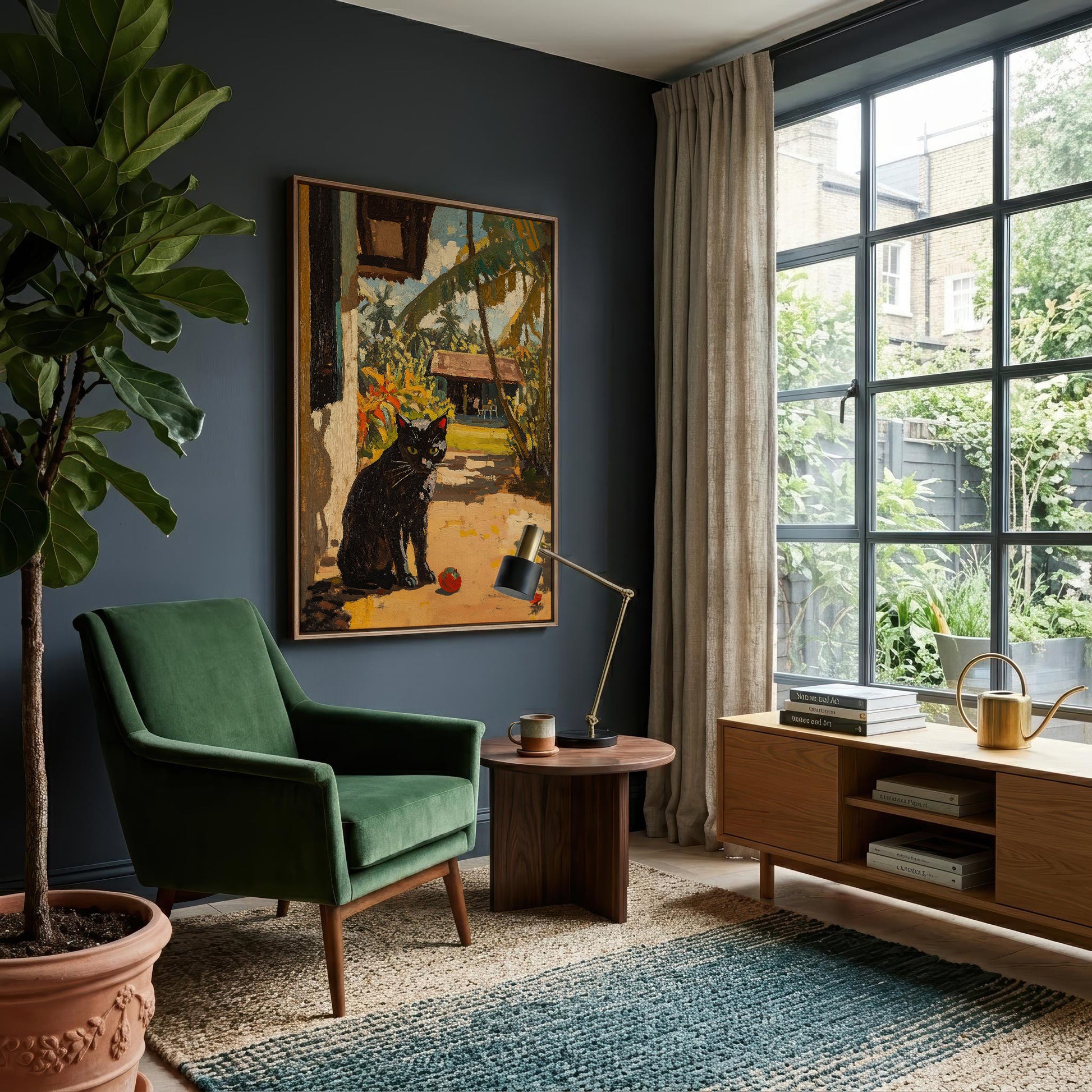 A framed art print depicting a black cat in a garden, displayed on a dark blue wall in a modern living room setting with a green armchair, a wooden side table, and a large window.