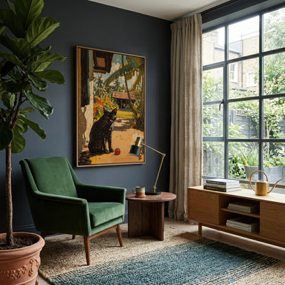 A framed art print depicting a black cat in a garden, displayed on a dark blue wall in a modern living room setting with a green armchair, a wooden side table, and a large window.