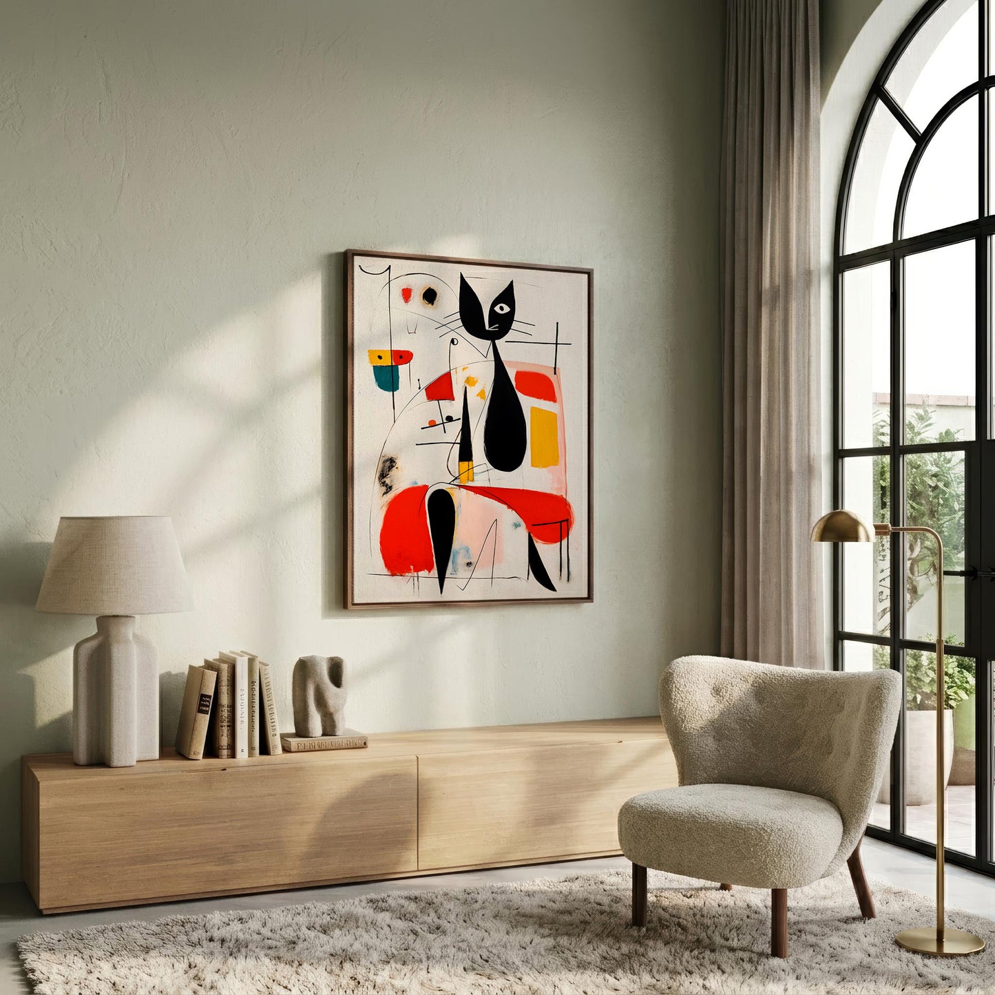A framed abstract art print featuring stylized black and red cat silhouettes hangs on a light sage green wall in a modern living room setting with a wooden console, a beige armchair, and a large arched window.