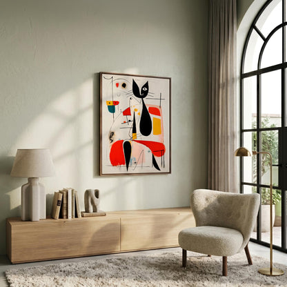 A framed abstract art print featuring stylized black and red cat silhouettes hangs on a light sage green wall in a modern living room setting with a wooden console, a beige armchair, and a large arched window.