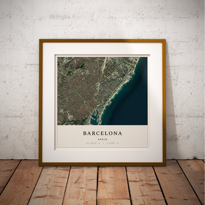 Custom aerial photo print in a wood frame.