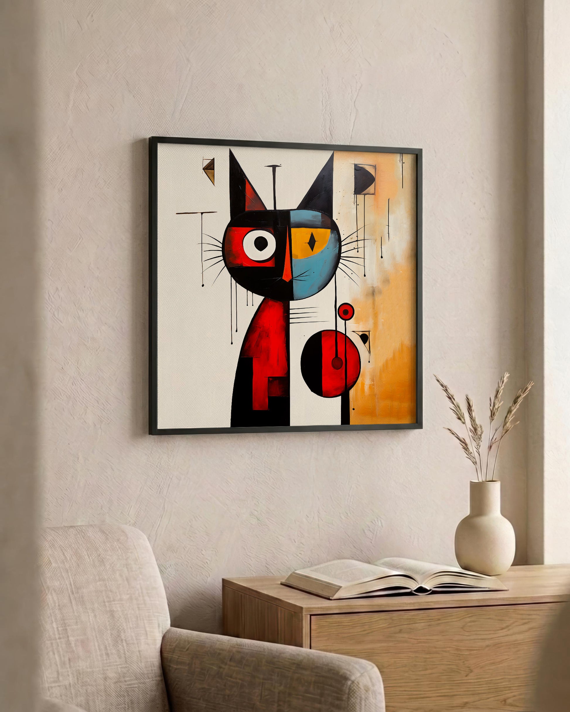 Framed abstract wall art featuring a stylized black cat with red, blue, and orange geometric sections, displayed on a beige wall above a wooden side table with an open book and a small vase.