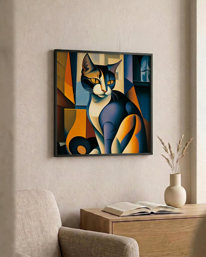 A framed abstract cubist-style cat painting hangs on a beige wall above a wooden side table with an open book and a small vase.
