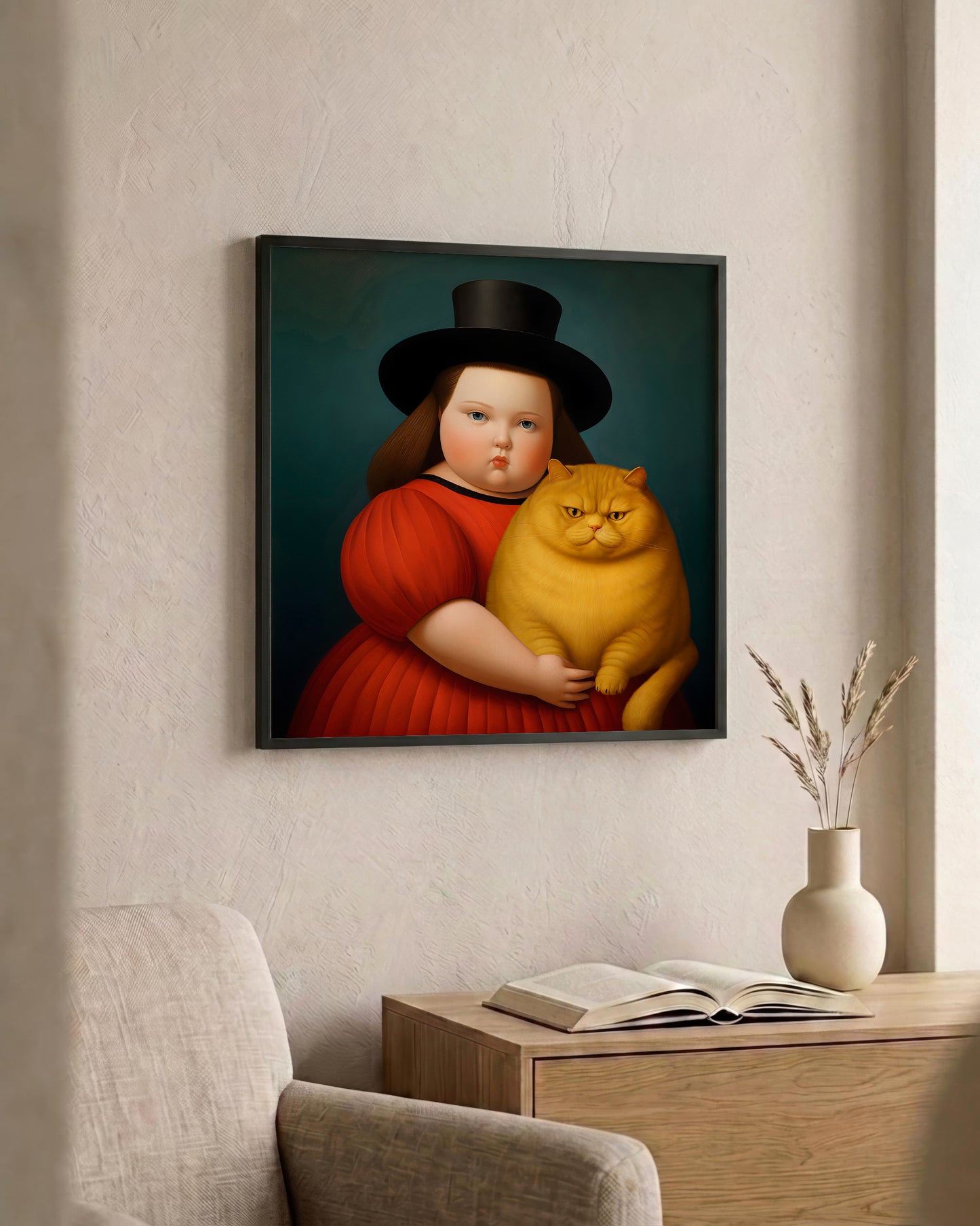 A framed wall art print hanging on a beige wall above a wooden side table. The artwork is a stylized portrait of a child in a red dress and black hat holding a large yellow cat against a dark teal background.