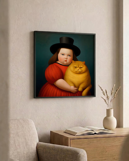 A framed wall art print hanging on a beige wall above a wooden side table. The artwork is a stylized portrait of a child in a red dress and black hat holding a large yellow cat against a dark teal background.