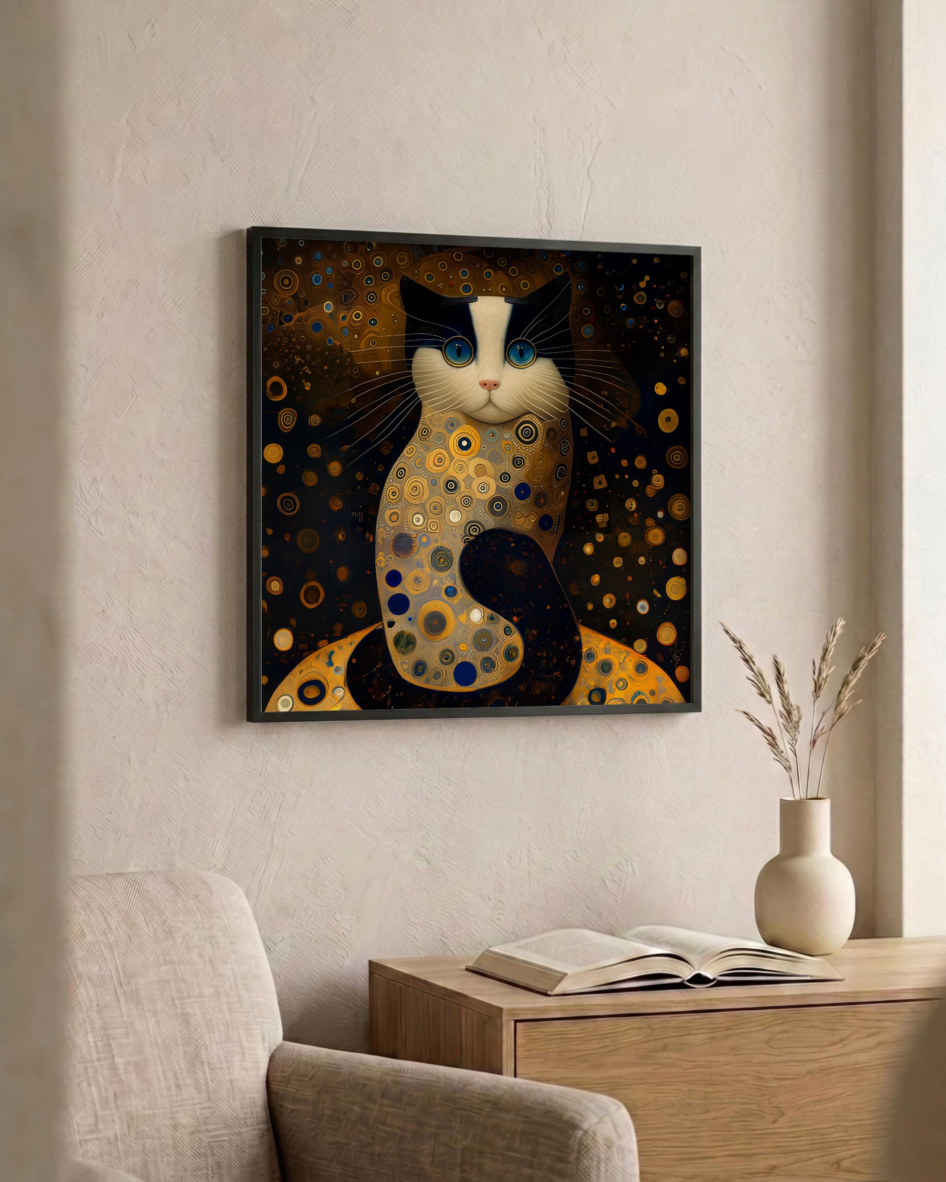 Framed wall art featuring a stylized black-and-white cat with blue eyes and gold circular patterns on a dark background, displayed above a wooden side table in a softly lit room.