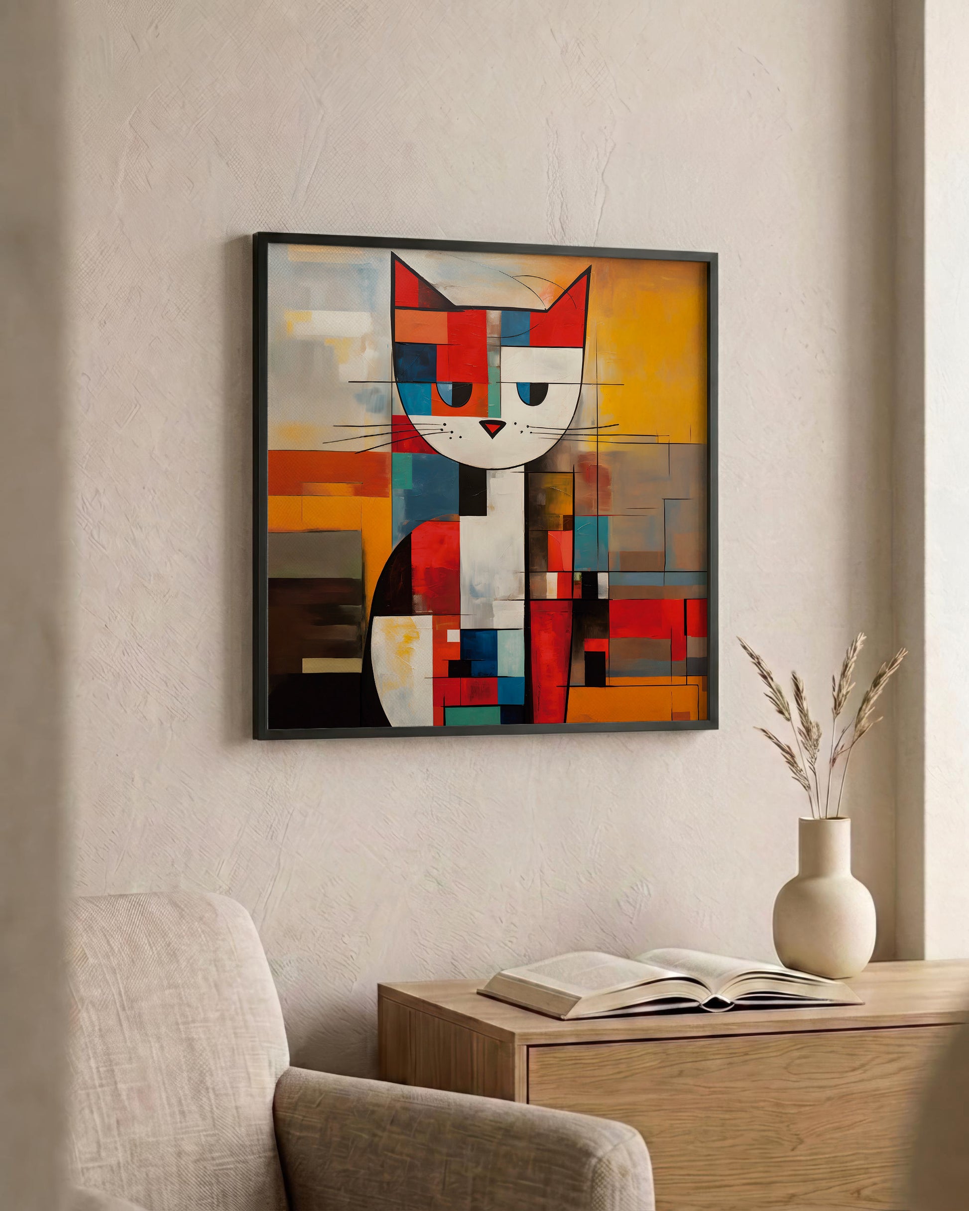 A framed abstract geometric cat painting hangs on a textured beige wall above a wooden side table with an open book and a small vase.