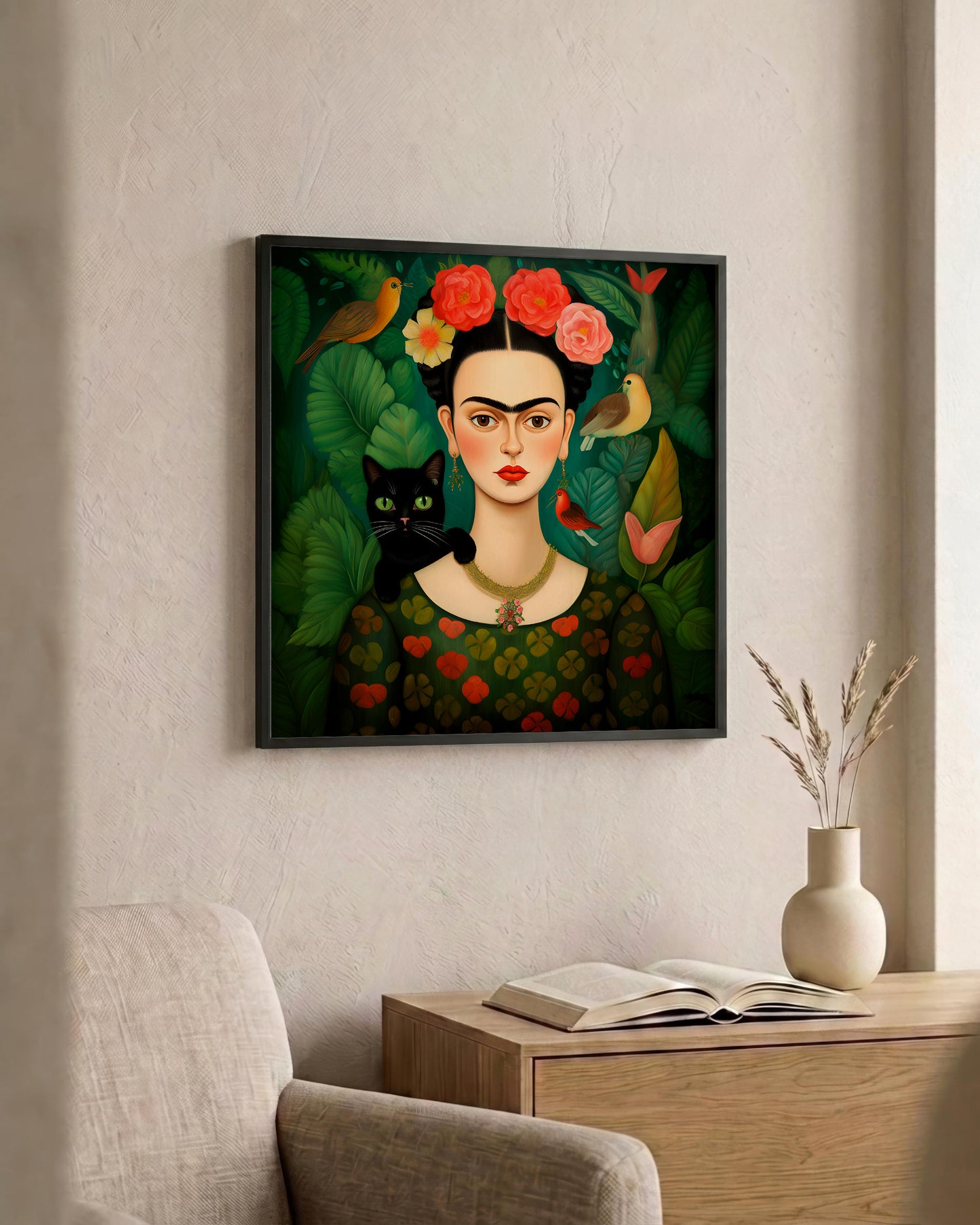 A framed art print featuring a stylized portrait of Frida Kahlo with flowers, birds, a black cat, and green leaves, displayed on a beige wall above a wooden console table with an open book and a vase.