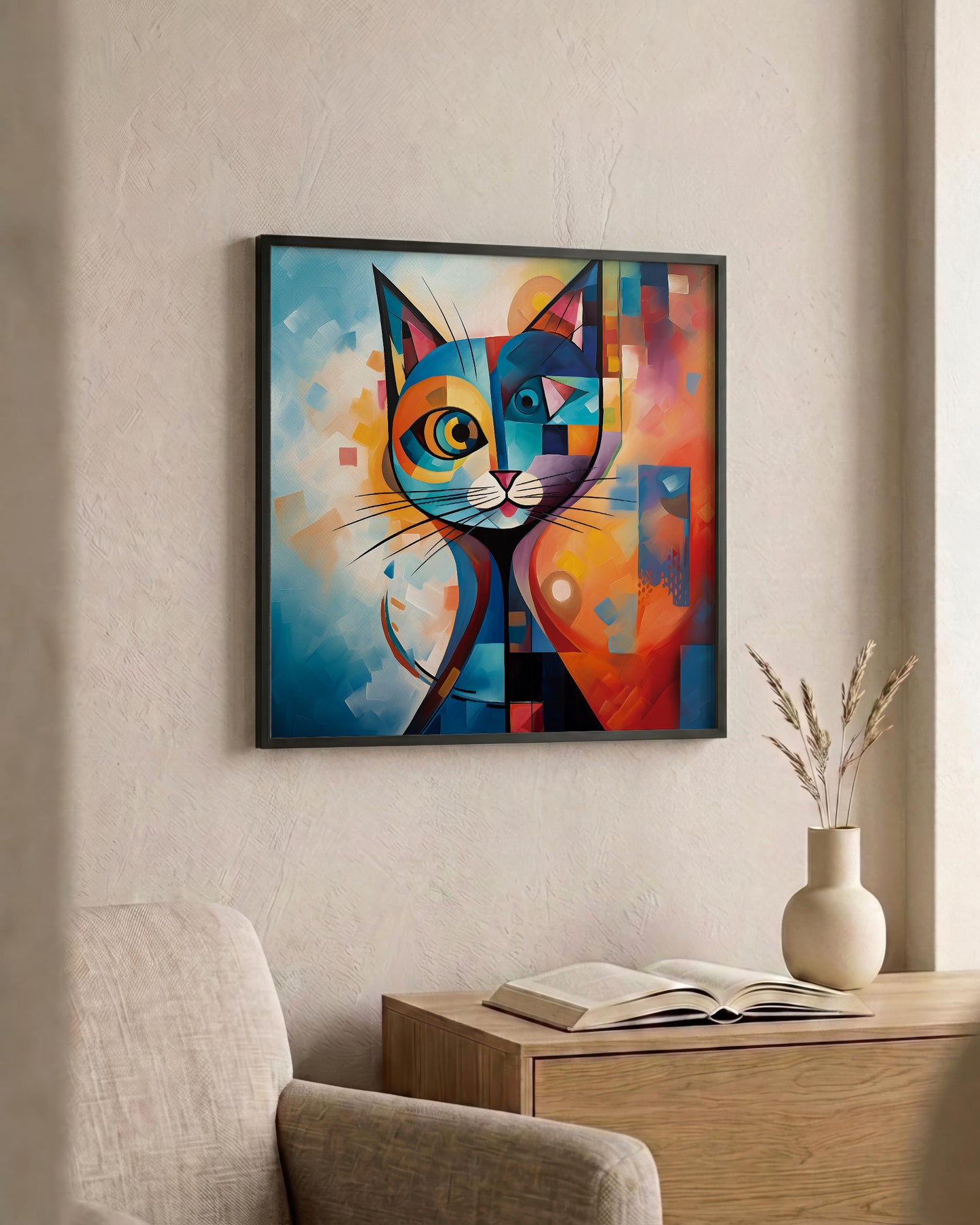 A framed abstract cat painting hangs on a beige wall above a wooden side table with an open book and a small vase. The artwork uses bold geometric shapes in blue, orange, red, yellow, black, and white.