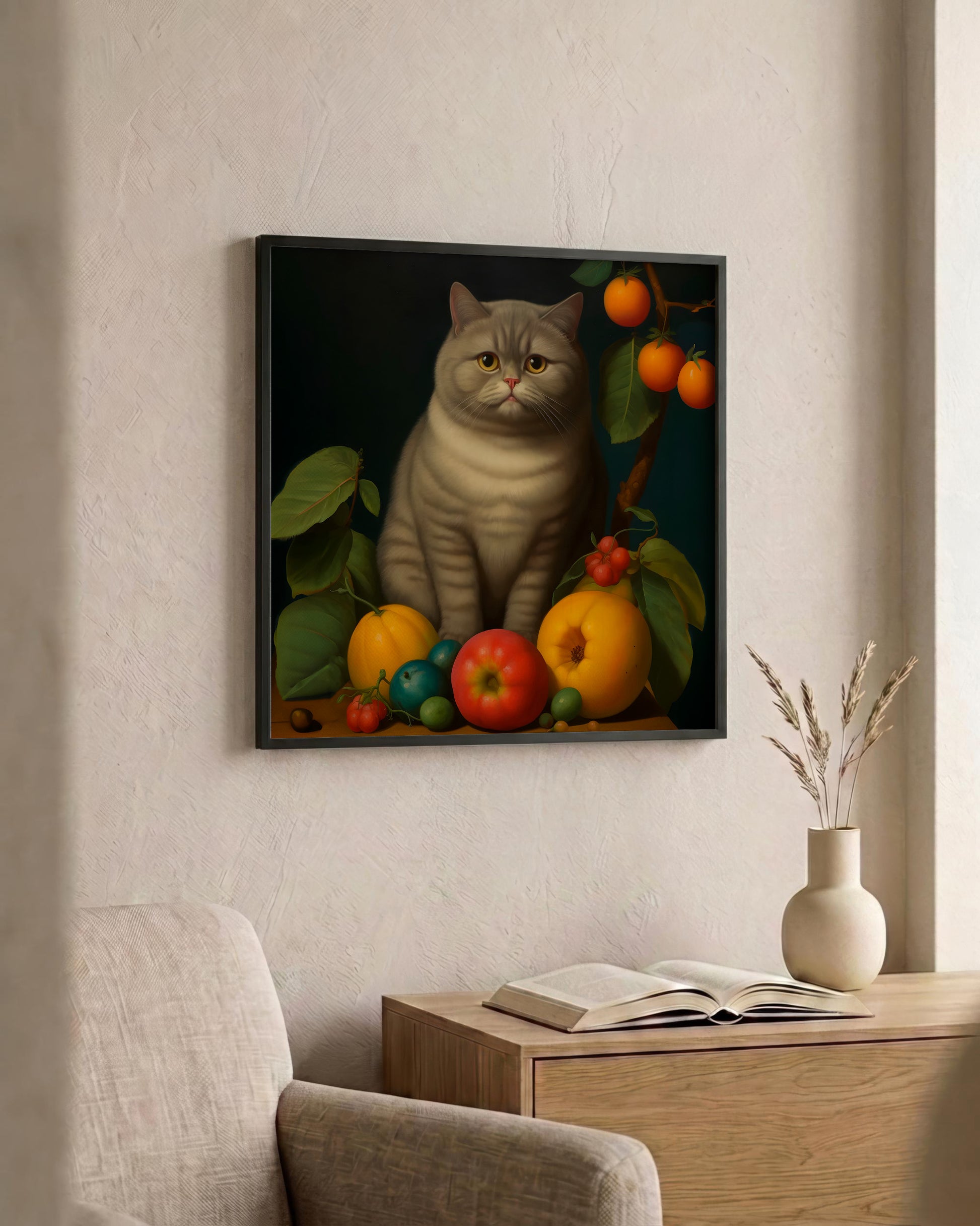 A framed wall art print depicting a gray cat surrounded by colorful fruits, hanging on a beige wall above a wooden side table with an open book and a small vase.