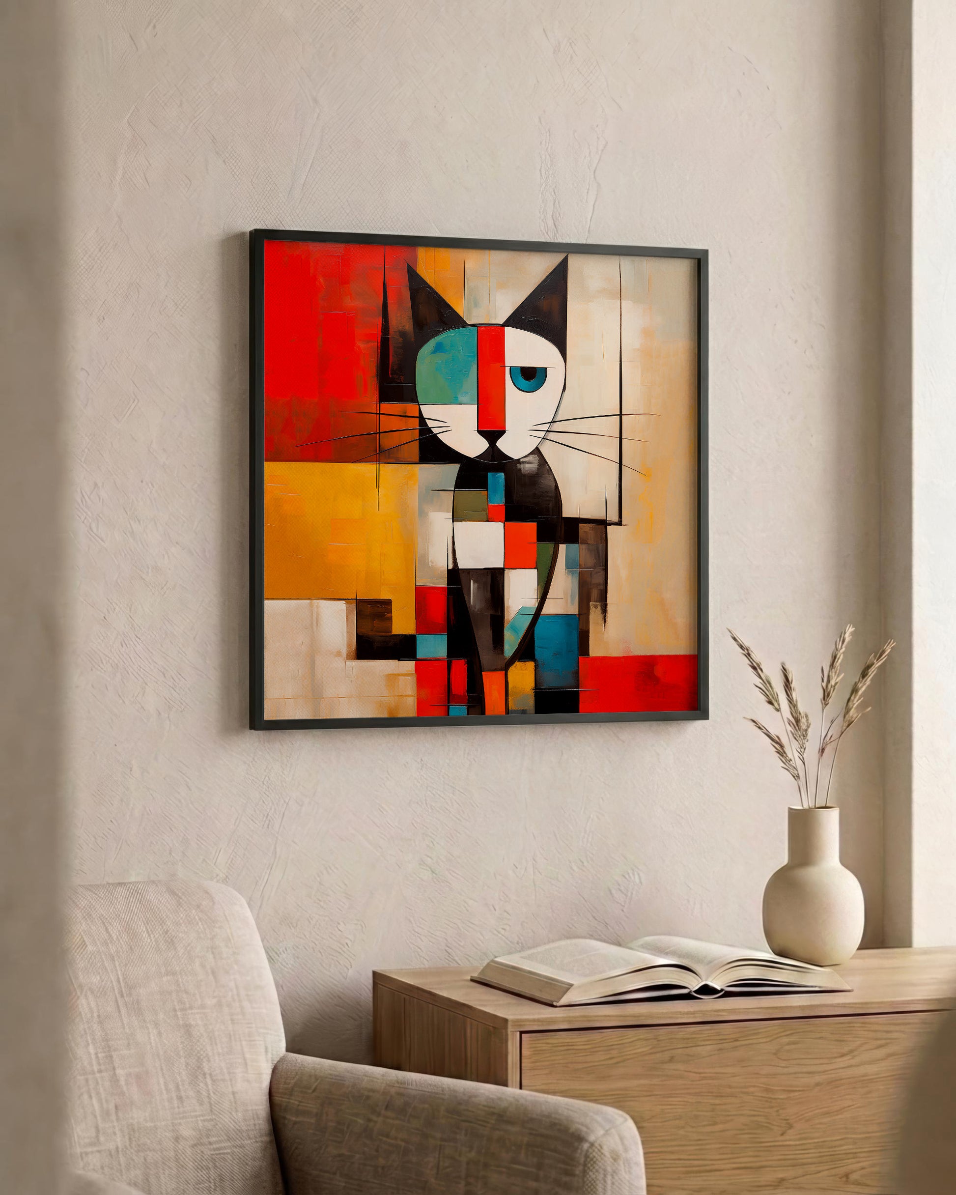 A framed abstract cubist-style cat painting hangs on a textured beige wall above a wooden side table with an open book and a small vase.