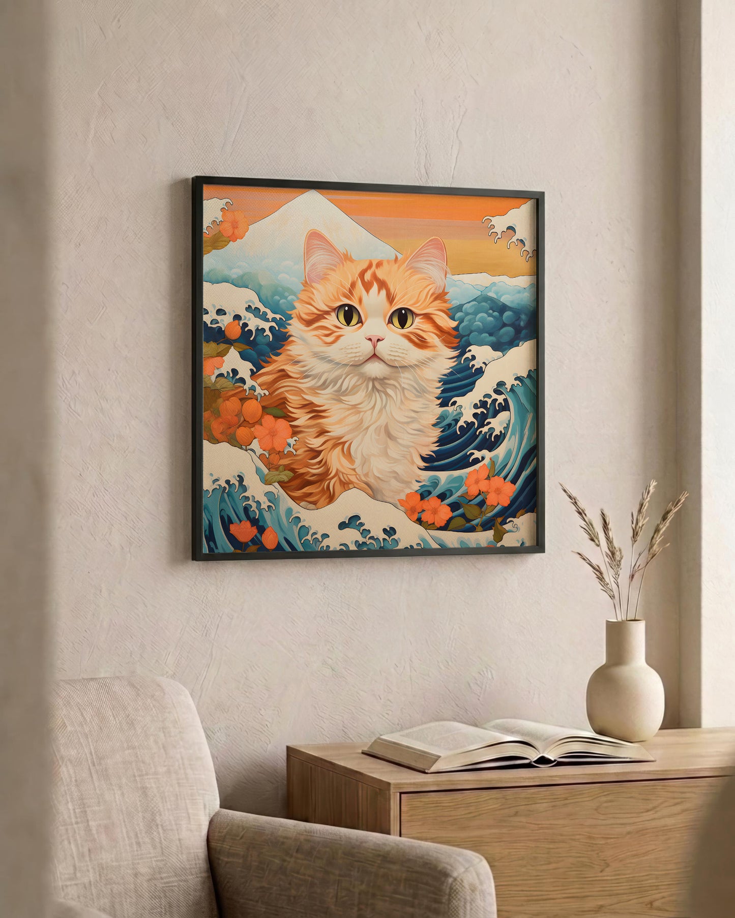 A framed wall art print featuring an orange tabby cat in a Japanese wave and mountain style, displayed on a beige wall above a wooden side table with an open book and a small vase.