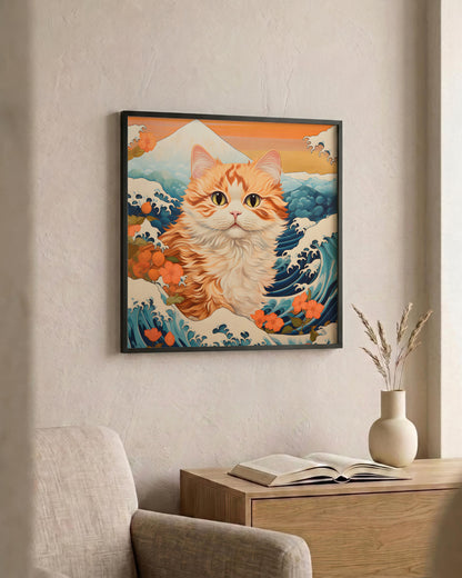 A framed wall art print featuring an orange tabby cat in a Japanese wave and mountain style, displayed on a beige wall above a wooden side table with an open book and a small vase.