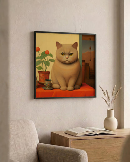 A framed art print featuring a stylized beige cat sitting on an orange-red surface, displayed on a textured beige wall above a wooden side table with an open book and a small vase.