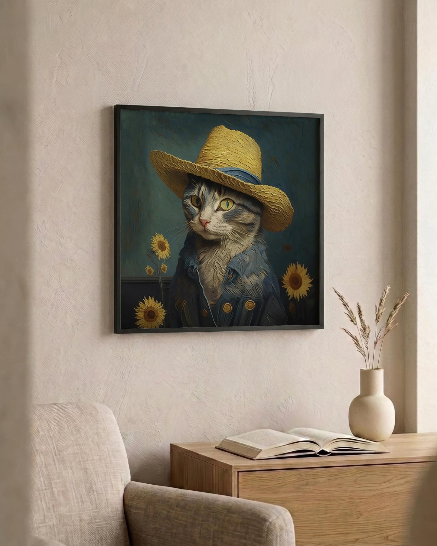 A framed custom pet portrait of a gray tabby cat wearing a straw hat and blue jacket, displayed on a beige wall above a wooden console table with an open book and a vase.