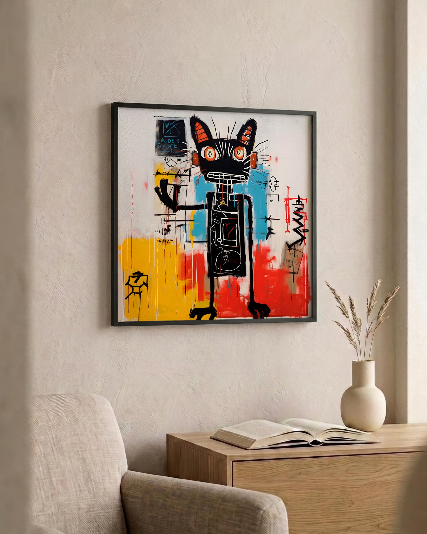 A framed abstract painting featuring a stylized black cat with orange eyes and colorful brushstrokes in yellow, blue, red, and white, displayed on a beige wall above a wooden side table with an open book and a vase.