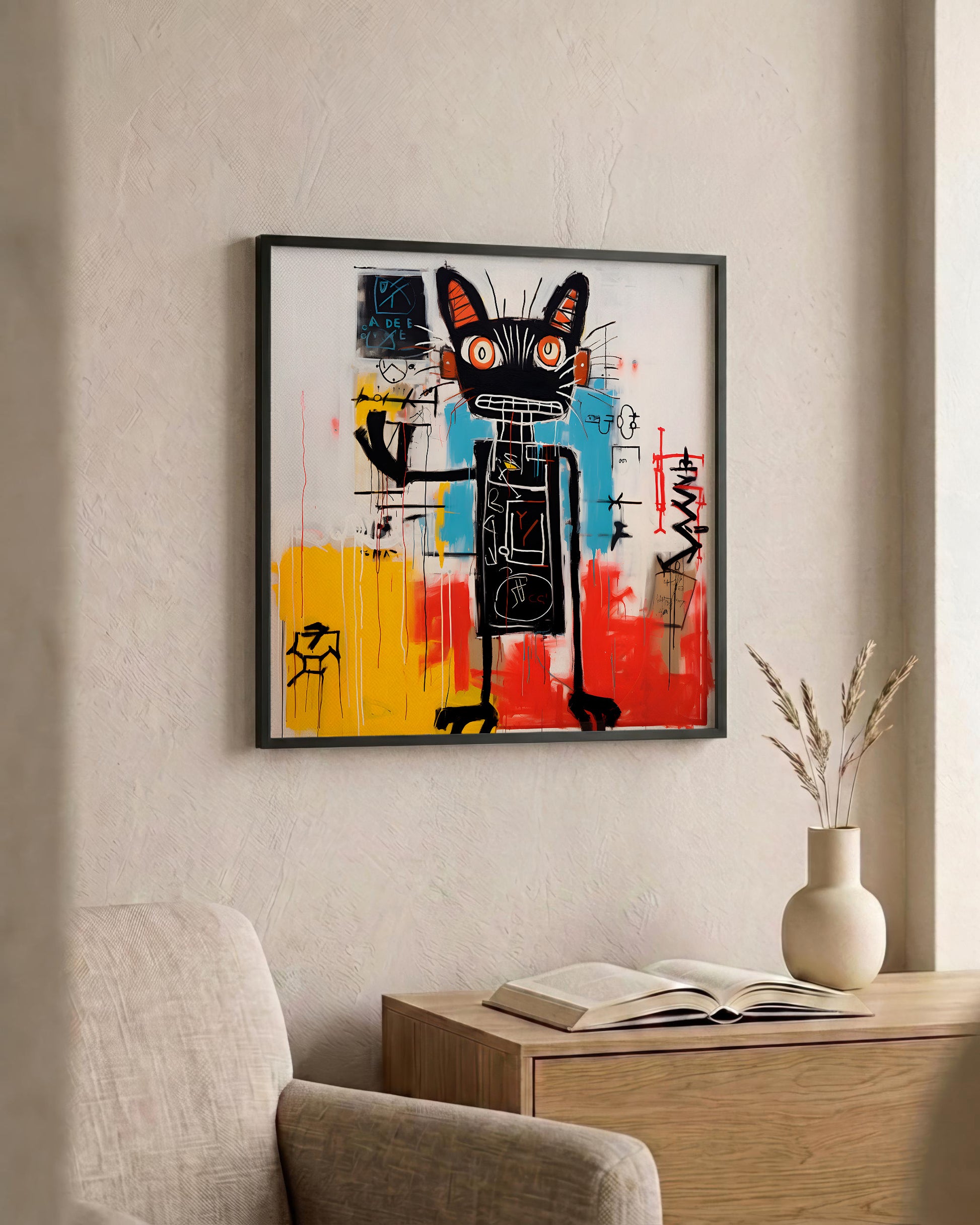 A framed abstract painting featuring a stylized black cat with orange eyes and colorful brushstrokes in yellow, blue, red, and white, displayed on a beige wall above a wooden side table with an open book and a vase.