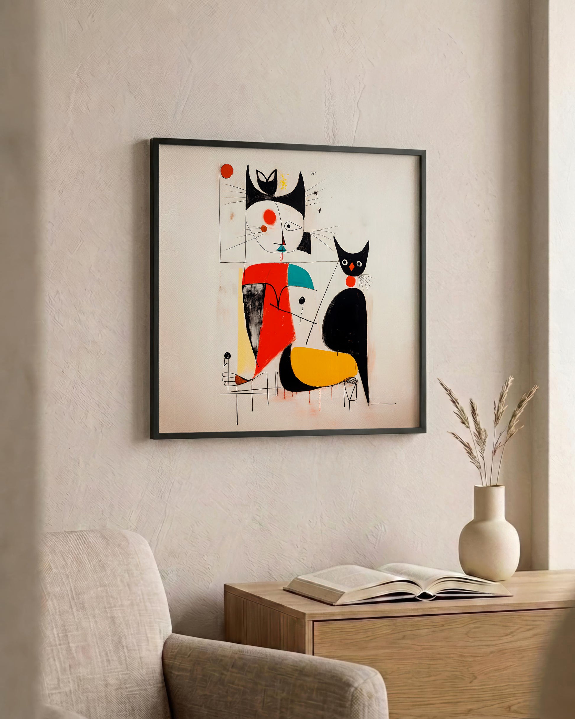 A framed abstract art print featuring stylized black cats and geometric shapes in red, yellow, and teal on a cream background, hanging on a textured beige wall above a wooden side table with an open book and a vase.