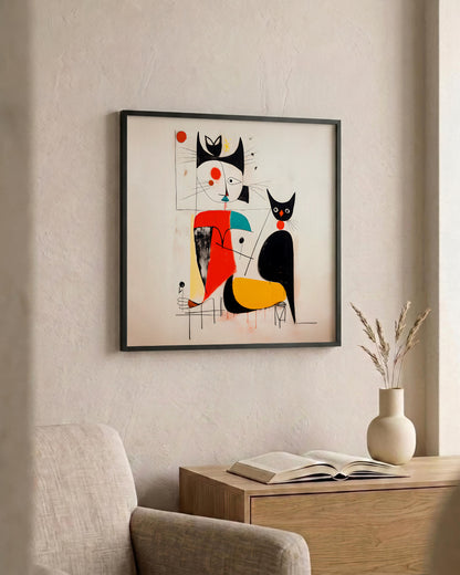 A framed abstract art print featuring stylized black cats and geometric shapes in red, yellow, and teal on a cream background, hanging on a textured beige wall above a wooden side table with an open book and a vase.