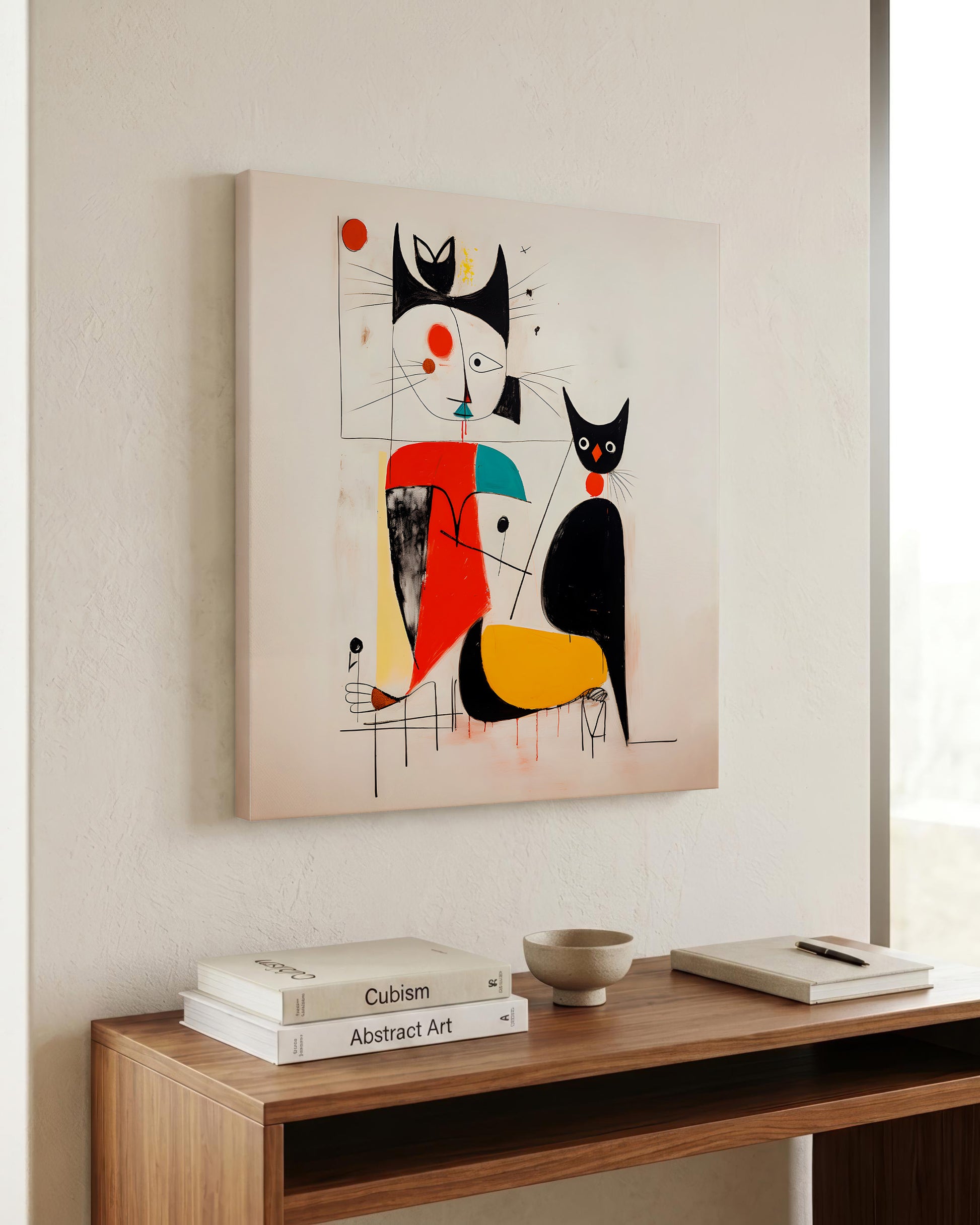 Abstract cubist-style wall art featuring stylized black, red, yellow, and teal cat-like figures on a cream background, displayed above a wooden console table with books and a bowl.