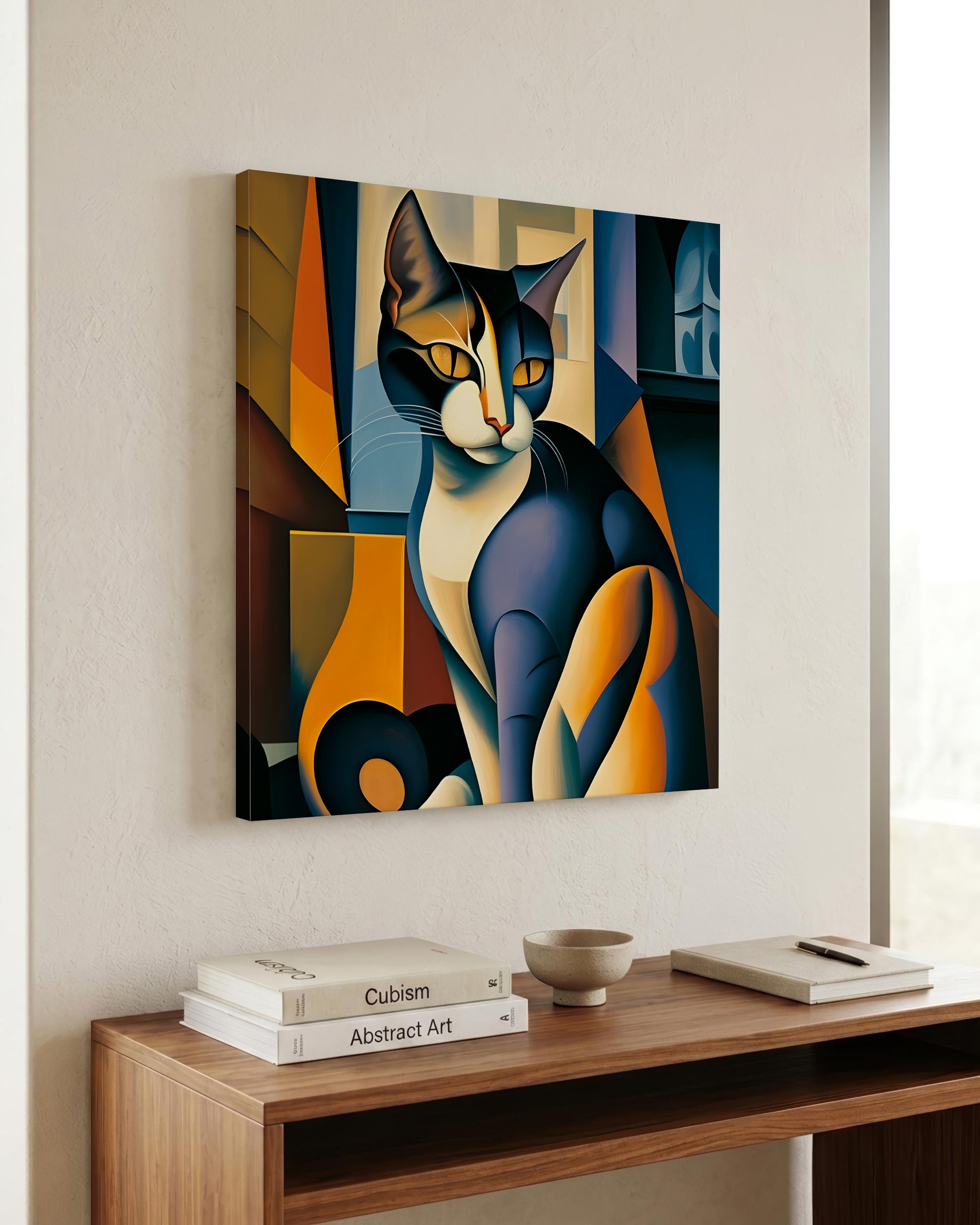 A fcanvas wall art showing a cubist-style cat in geometric blocks of blue, navy, orange, yellow, and cream, displayed above a wooden console table in a real interior setting.
