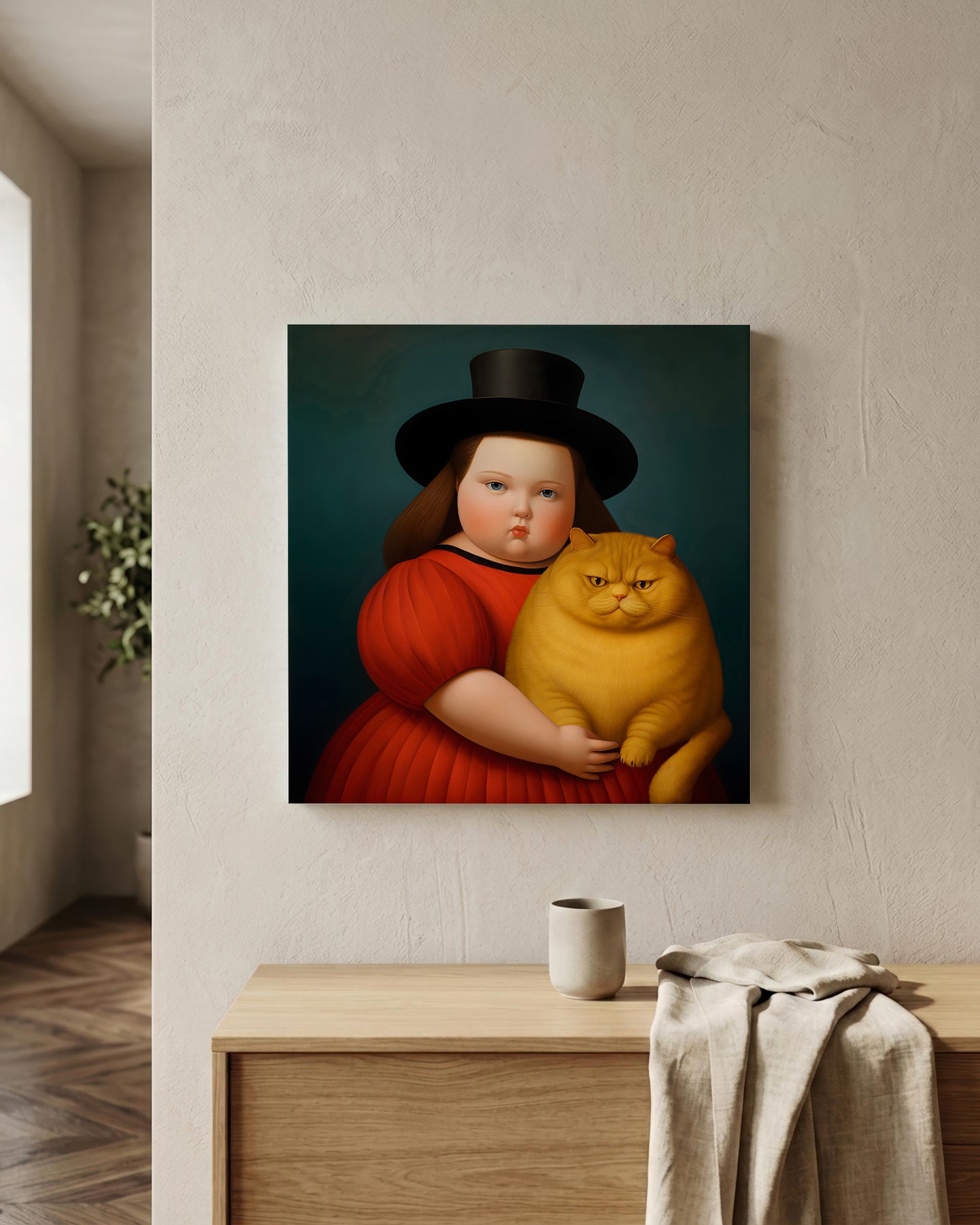 A square wall art print showing a stylized portrait of a child in a red dress and black hat holding a yellow cat, displayed on a beige wall above a wooden console table in a room setting.