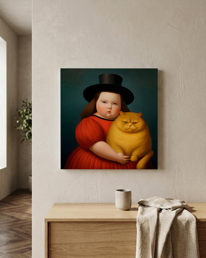 A square wall art print showing a stylized portrait of a child in a red dress and black hat holding a yellow cat, displayed on a beige wall above a wooden console table in a room setting.