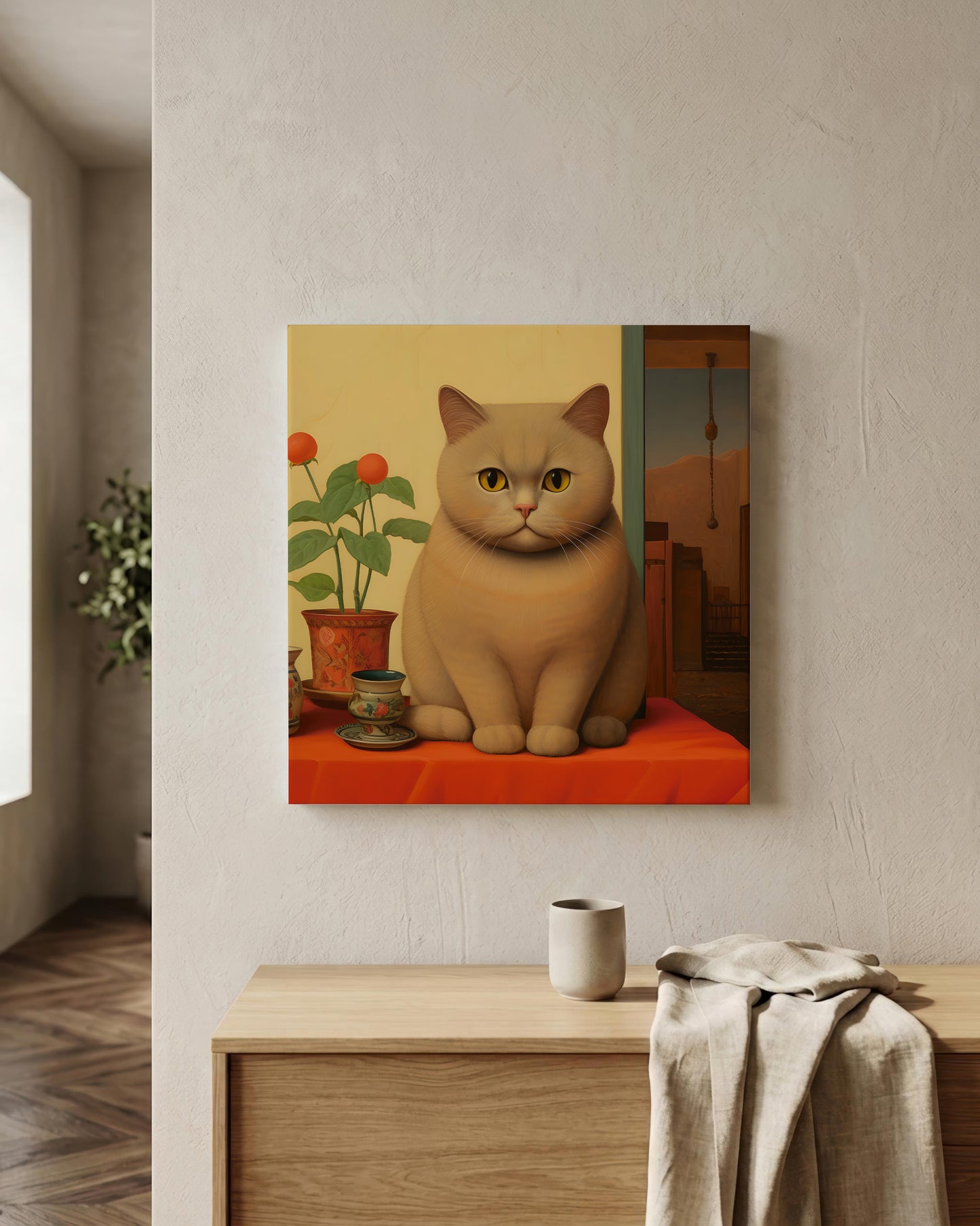 A square wall art print showing an orange cat sitting on an orange surface beside a potted plant, displayed on a light wall above a wooden console table with a mug and draped cloth.