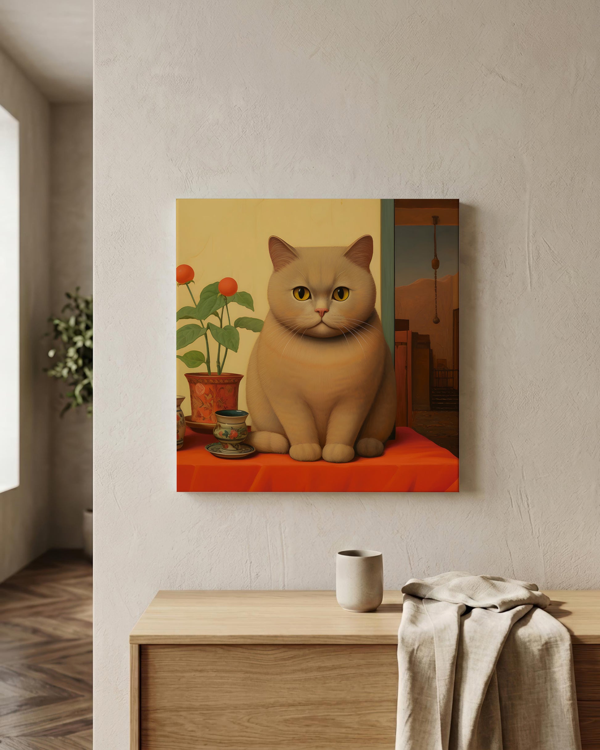 A square wall art print showing an orange cat sitting on an orange surface beside a potted plant, displayed on a light wall above a wooden console table with a mug and draped cloth.