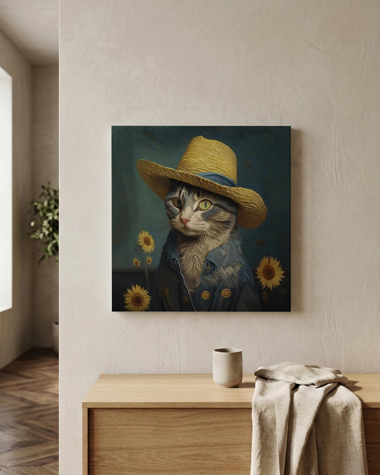 A square canvas wall art print depicting a cat in a straw hat and denim jacket with sunflowers, displayed on a textured beige wall above a wooden console table with a mug and draped cloth.